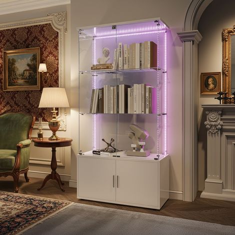Glasvitrine mit 3 Ebenen, Schiebetüren und Sicherheitsschloss, Sammlervitrine 164 cm hoch, 2-türiger Vitrinenschrank mit LED, Weiß