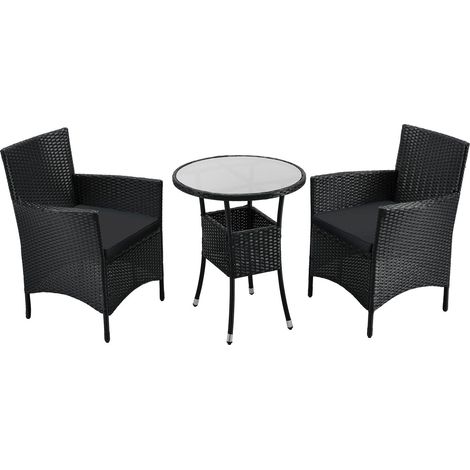 Juskys Polyrattan Balkon Set Bayamo 2 Personen – Tisch mit Glasplatte & 2 Stühlen – Wetterfeste Balkonmöbel – Auflagen waschbar – schwarz – grau (1/5)