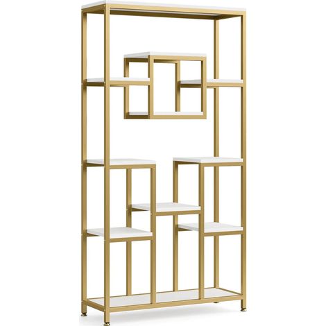Libreria aperta in metallo e legno dorato, design geometrico, scaffale da terra (1/5)