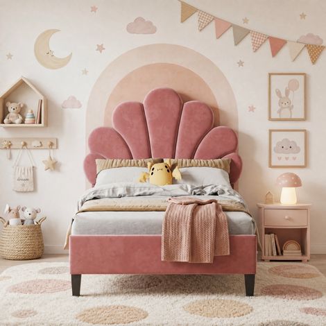 Kinderbett Polsterbett 90x200 cm, mit Höhenverstellbarem Blütenkopfteil, Modernen Einzelbett, Bettgestell mit Lattenrost, Schlichten Design, Samt Weinrot (Ohne Matratze)