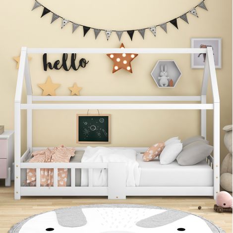 Letto a casetta per bambini 90x200 cm bianco in legno massello di pino con protezione anticaduta e lavagna (1/5)