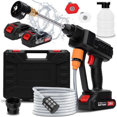 Nettoyeur Haute Pression sans Fil, Max 260 PSI Pistolet Haute Pression sans Fil avec 2 Batteries, 5M Tuyau, Pulvérisateur de Mousse, Adapté pour Nettoyer Les Voitures, Sols (1/5)