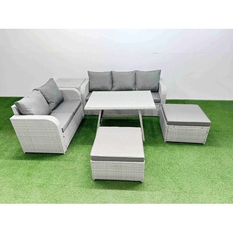 Fimous Outdoor PE Rattan Garden Furniture Set Rectangular Dining Table Sofa Set with 2 Big Stool Side Table Light Grey (1/4)