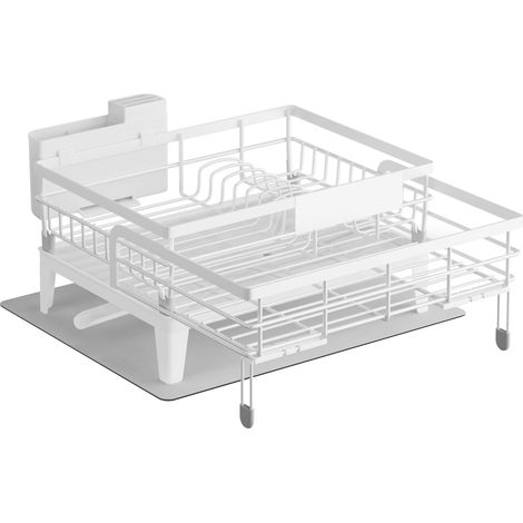 Égouttoir à Vaisselle, Organisateur de Plan de Travail, Bec Rotatif à 360° et Extensible, Bac d’Égouttement, Porte-Couverts, avec Pieds Réglables, 31-56 x 42 x 20 cm, Blanc Mat (1/5)