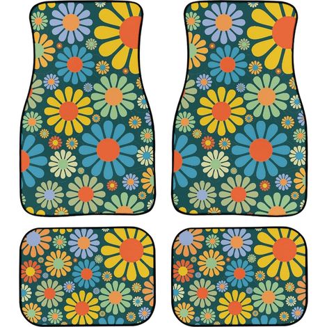 Juego de alfombrillas de coche con estampado floral de colores (4 piezas), bonitas alfombrillas florales delanteras y traseras, alfombrillas universales. (1/4)