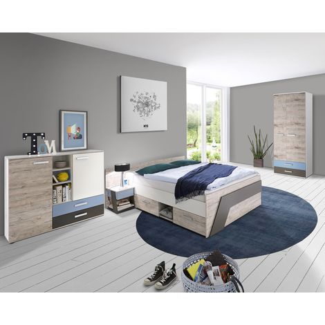 Jugendzimmer Set mit Bett 140x200 cm mit Kleiderschrank LEEDS-10 in Sandeiche Nb. mit weiß, Lava und Denim Blau (1/5)