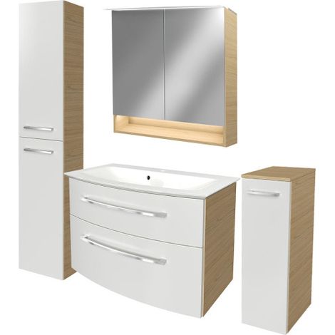 Fackelmann B.STYLE Badmöbel Set mit Waschbecken mit Unterschrank 80 cm breit – LED-Spiegelschrank – Midischrank und Hochschrank in Weiß mit Holz braun – Badezimmermöbel in Sandeiche Holzoptik"-"902011 (1/5)