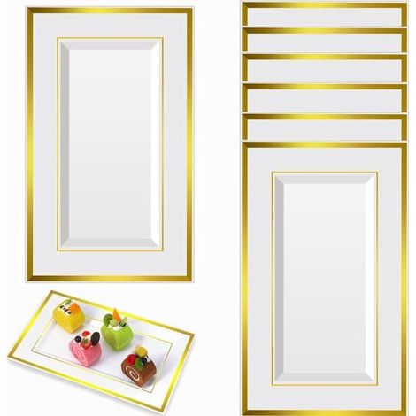 Plateau,6 Plateaux de Service en Plastique,33x20cm Plateaux Restauration Rapide Blanc avec Bordure Dorée Solides et Réutilisables (1/4)