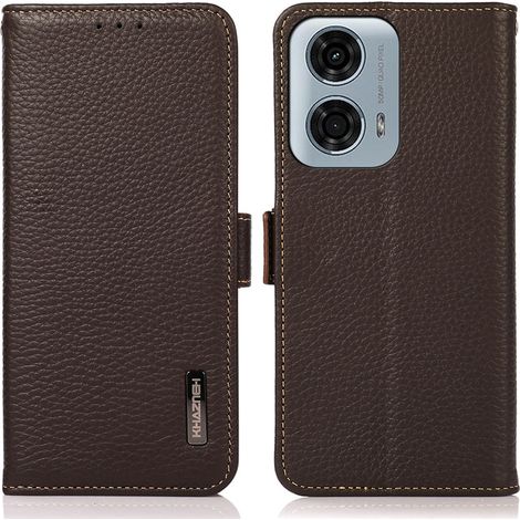 Custodia in pelle Khazneh RFID per Motorola Moto G04 / G24 / G24 Power, texture litchi, marrone (1/5)