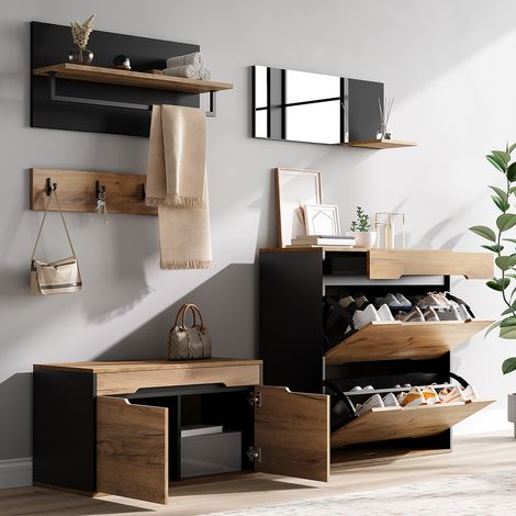 Ensemble armoire, commode, tiroir, miroir, 2 meubles à chaussures, étagère à chapeaux et 4 patères, armoire multifonctionnelle, meuble à chaussures avec banc intégré, modulable à souhait, noir et bois (1/4)