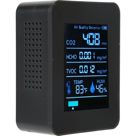 Détecteur de qualité de l'air 5 en 1 : mesure en temps réel du CO2, des COVT, du HCHO, de la température et de l'humidité. Moniteur portable de dioxyde de carbone (noir). (1/5)