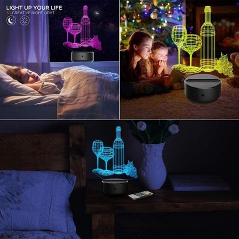 Lampe de nuit 3D, lampe à led pour bouteille de vin, lampe à illusion optique, 7 couleurs différentes avec télécommande. (1/4)