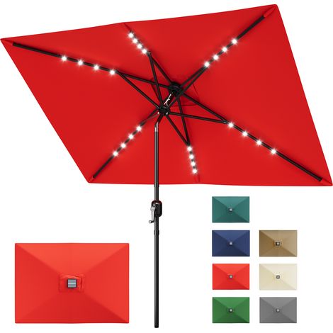 Parasol Rectangulaire Solaire, LED, Inclinable à Manivelle, 6 Baleines Robustes, Jardin, Terrasse, Piscine, 300x198cm, Rouge