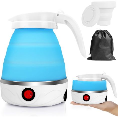 Bouilloire Pliable en Silicone 600 ml Petite Bouilloire électrique Portable de Camping Kettle Mini Bouilloire de Voyage avec 2 Gobelets Pliables pour Camping Voyage Extérieur (Bleu) (1/5)