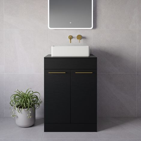 Napoli 460 Nero Oak 600mm 2 Door Vanity Unit for Countertop Basins - 600mm - Brushed Brass 160mm Handle