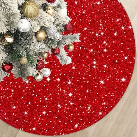 Tapis de sapin de Noël rouge à paillettes miniatures de 90 cm, brodé de paillettes, étroit et recouvert de velours. (1/5)
