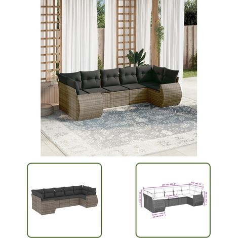 The Living Store Salon de jardin avec coussins 7 pcs gris résine tressée - Ensemble Salon De Jardin - Mobilier De Jardin - Canapé Extérieur - Fauteuil De Jardin - Table Basse Extérieure