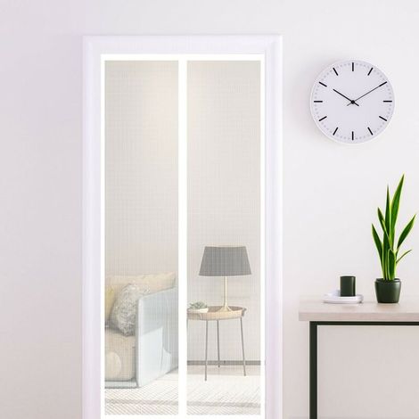 Puerta mosquitera magnética blanca de 120 x 220 cm, malla muy densa, antimoscas, con cinta adhesiva, varillas magnéticas y cierre automático. (1/4)