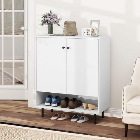 GOPLUS Buffet Entrée Couloir, Armoire de Rangement Commode Cuisine avec Étagère Réglable à 5 Niveaux, Compartiment Ouvert, Armoire à Chaussures Moderne pour Salon, Chambre,75 x 35 x 95 CM (Blanc) (1/5)
