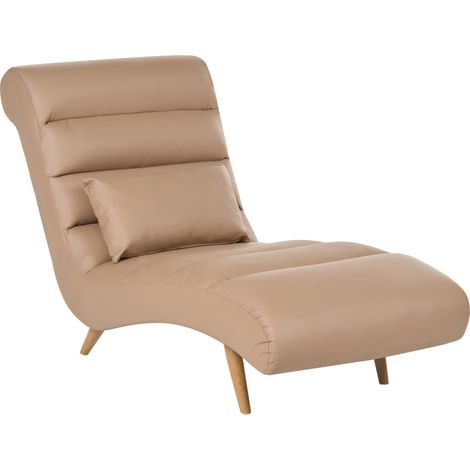 Chaise longue moderna de piel sintética diván sala de estar patas efecto madera marrón claro Rives (1/5)