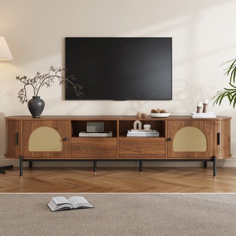 Meuble TV ovale 200x40x49.5cm - Portes en rotin, tiroirs et pieds métal - Style scandinave avec gestion de câbles - Noyer (1/5)