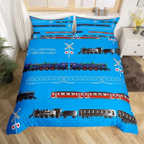 Parure de lit pour enfant fille 135 x 200 cm avec housse de couette et housse de couette Motif machine à vapeur rétro pour adolescent Motif Track Transport Rouge Bleu Noir Décor chambre (1/5)
