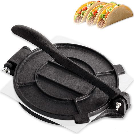 Presse à tortilla, en fonte, 26 cm, machine à tortilla, machine à tortilla, machine à tortilla, presse à tacos lourde, réglable avec un peu de papier de parchment, pour tortillas faites maison, noire (1/2)