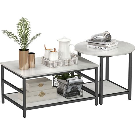 Ensemble de table basse et 2 tables d'appoint - Aspect marbre - Pieds réglables - Acier - Noir/Blanc (1/5)