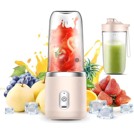 Liquidificador portátil para preparar sucos e smoothies, recarregável via USB, inclui tampa e 2 copos, perfeito para viagens e atividades ao ar livre. (1/5)