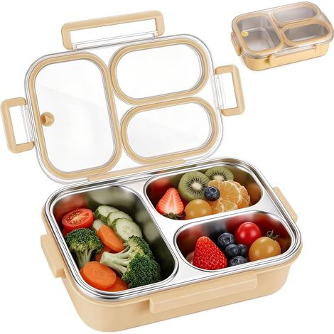 Bote à Lunch en Acier Inoxydable à Anneau D'étanchéité pour L'école,Bureau Bento Lunch Box avec 3 Compartiments, Boite a Dejeuner,Boite Repas (1/5)