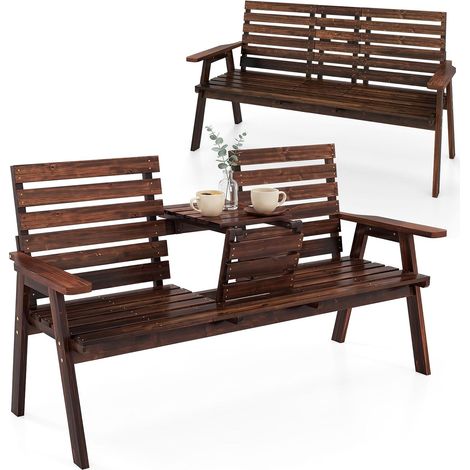 COSTWAY Banc de Jardin en Bois Massif avec Table Centrale Pliable, Brun (1/5)