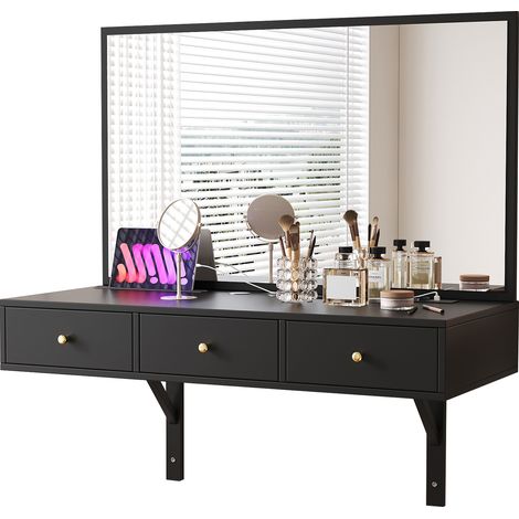 CHICFURN Tocador de pared 100 x 45 x 105 cm de aglomerado negro, espejo y almacenaje (1/5)