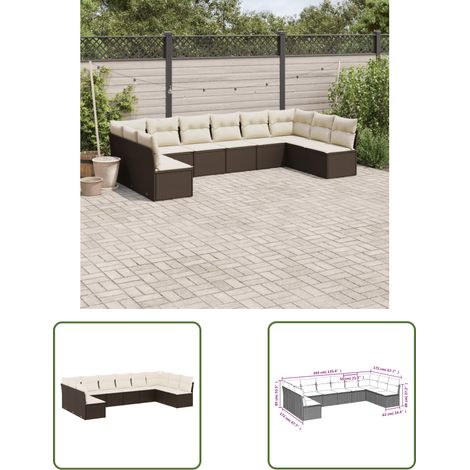 The Living Store 10-tlg. Garten-Sofagarnitur mit Kissen Braun Poly Rattan - Gartenmöbel - Sofa Set - Rattan Möbel - Outdoor Sofa - Gartenlounge (1/3)