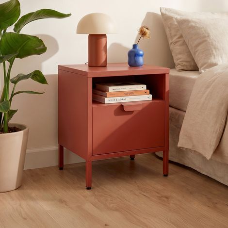 Lot de 2 tables de chevet industrielles en métal 1 tiroir 1 niche terracotta - THEA (1/5)