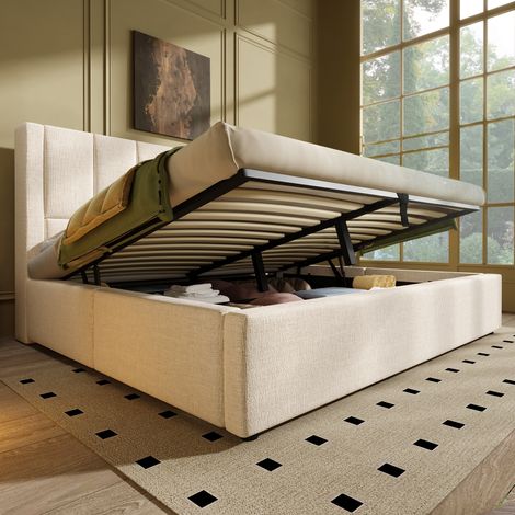 Letto Matrimoniale 140x190 cm, con Contenitore Idraulico, Prese USB, Testata con Portabicchieri, Lino Beige (Senza Materasso) (1/5)