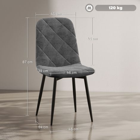 Ensemble de 4 chaises de salle à manger avec dossier, aspect velours, rembourrées et dotées de pieds en métal, pour table à manger, grises. (1/5)