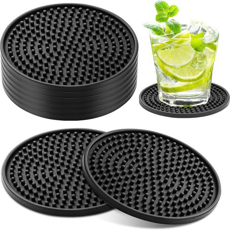 10 sottobicchieri neri, design in silicone spesso, tazze rotonde, sottobicchieri, set da 8 per bevande, design antiscivolo in rilievo, capsule di caffè (1/5)