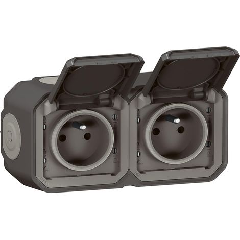 Prise Etanche Double IP55 avec Terre Plexo - Prise 2P+T 16A Complète avec Volet - Pour Pose en Apparent - Montage Horizontal - Anthracite