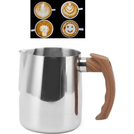Tasse à latte art avec poignée en bois et bec verseur pointu, pichet à latte art avec doseur intégré, tasse à café élégante, mousseur à lait, couleur naturelle, 600 ml. (1/5)