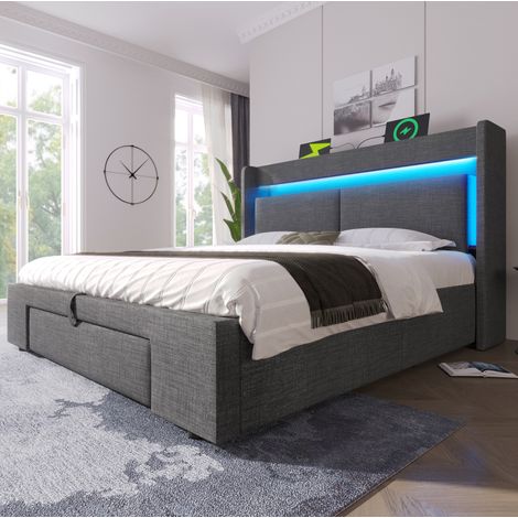 DESVIAE Lit rembourré 140 x 200 cm avec rangement hydraulique tête de lit avec compartiments LED ports USB et USB C sommier à lattes gris tissu effet lin (1/5)