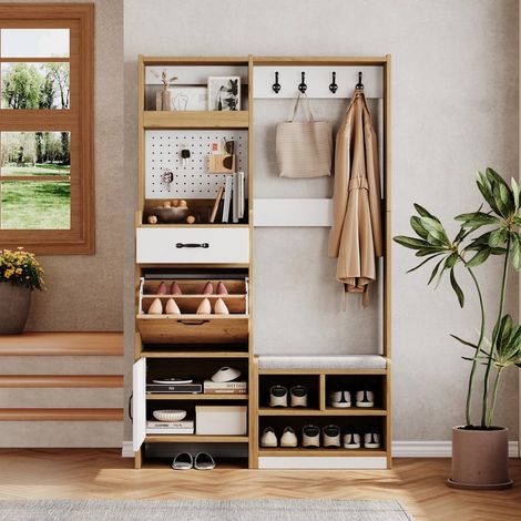 Aparador de entrada de 108,5 x 35 x 180 cm - Mueble multifuncional para el pasillo con banco, percheros y panel perforado - Blanco y roble (1/5)