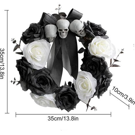 Couronne d'Halloween, citrouille d'automne, roses noires et blanches, rotin, résine, gris, tissu de soie, décorations murales noires et blanches (1/3)