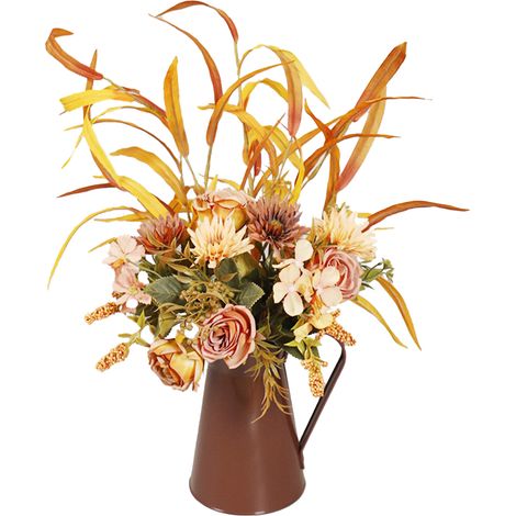 (Blumenarrangement im Eiseneimer „Weidenlaubnebel und Regen“ mit Rose) Herbstfarben im Eiseneimer, künstliche Rose, Zweig zum Hineinstecken, Topfpflanze für Thanksgiving, florale Kunst aus Schmiedeeis (1/2)