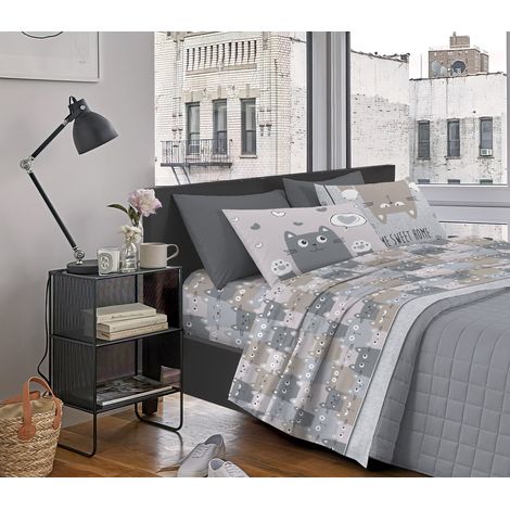 Completo Letto Stampato Made In Italy 100 % Cotone Set Lenzuolo Sopra Sotto Federe CatsGrigio - Singolo