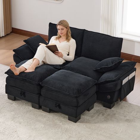 Canapé modulable 190x132x84 cm – canapé compact 2 places avec coffre sous assise 2 poufs poches usb-c et prise – velours côtelé – noir (1/5)