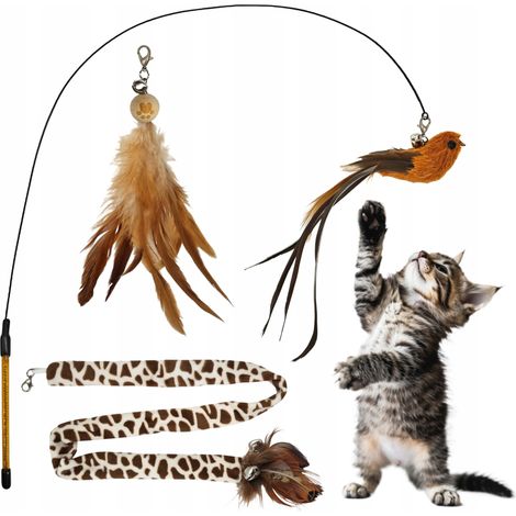Caña de pescar para gatos con 3 juguetes: campana, pájaro, plumas y cola larga.