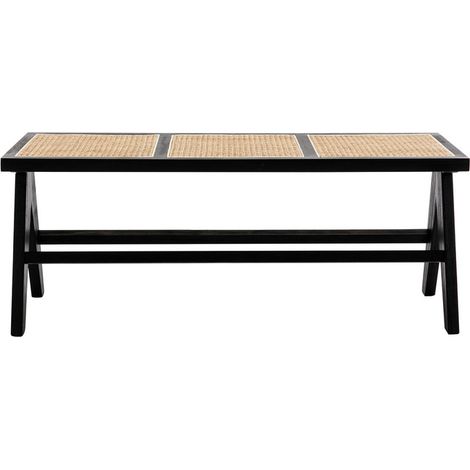 Dining Bench in Rattan Wood Rustic Ottoman Bench Seat Bench Footstool for Kitchen Living Room Entryway, Black, Wahson