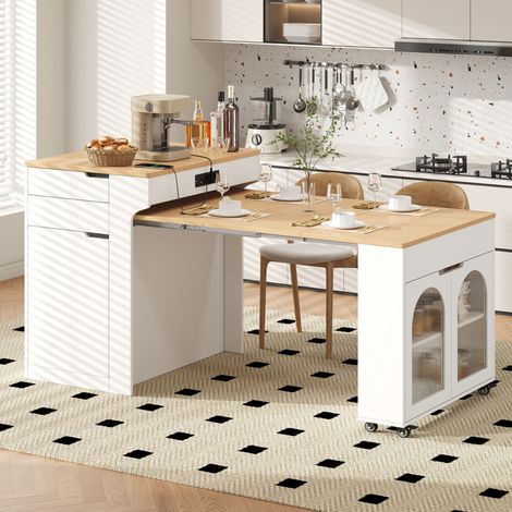 Tavolo allungabile da cucina con isola, ruote e prese integrate, bianco OKMYHOME (1/5)