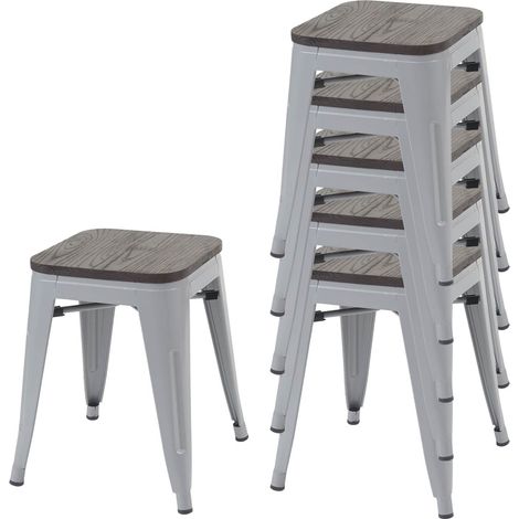 Set di 6 sgabelli bassi con seduta in legno impilabile in metallo grigio design industriale 040000913