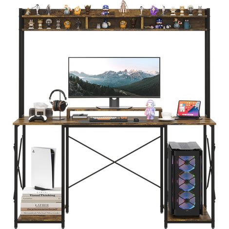 Gaming Table Bureau 120 x 60 x 162 cm, Table d'ordinateur avec étagère et Support d'écran, Table PC pour Le Bureau à Domicile (Brun) (1/5)